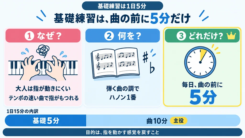 基礎練習は曲の前に5分だけ。1日15分の内訳