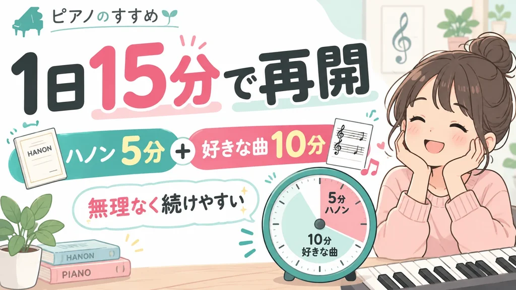 大人のピアノ再開は1日15分。ハノン5分と好きな曲10分