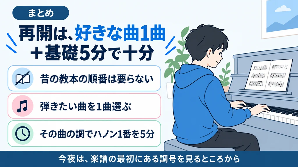 まとめ:再開は好きな曲1曲と基礎5分で十分